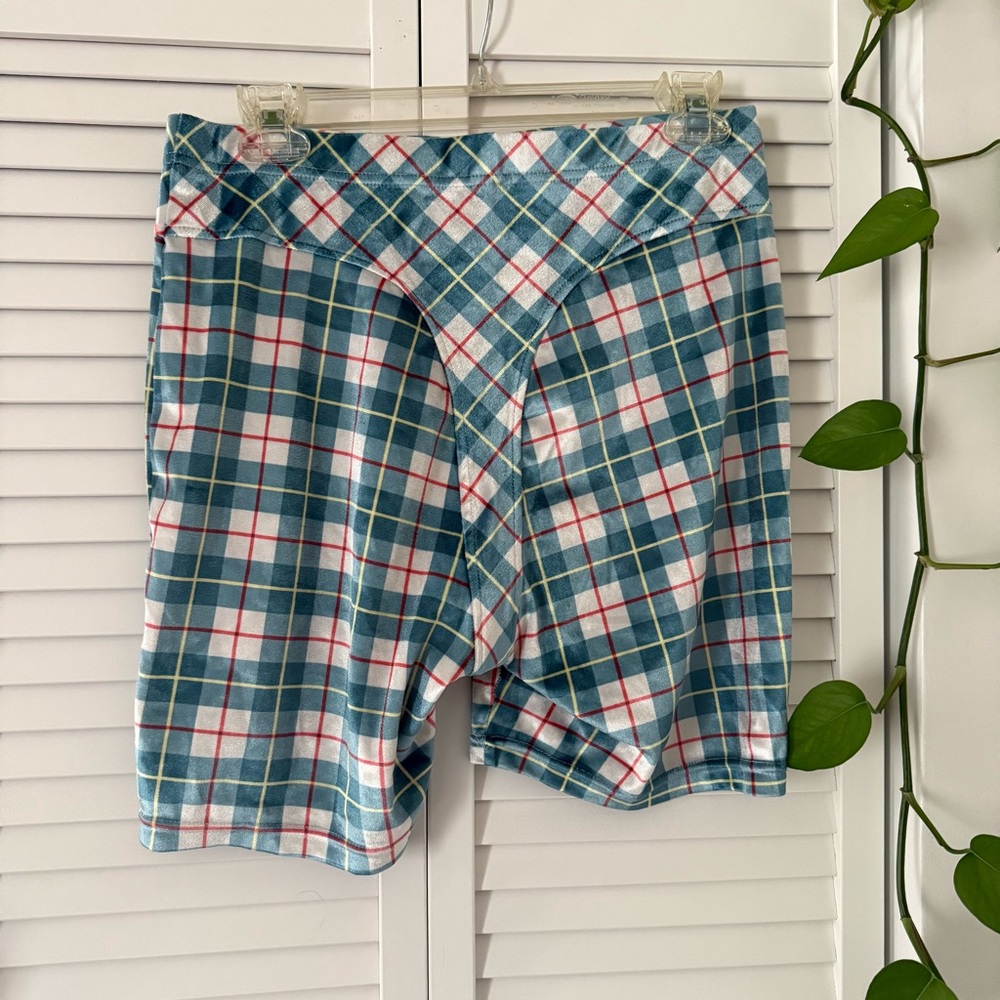 Fashion Brand Company Blue Plaid Velvet Thong Bike Shorts